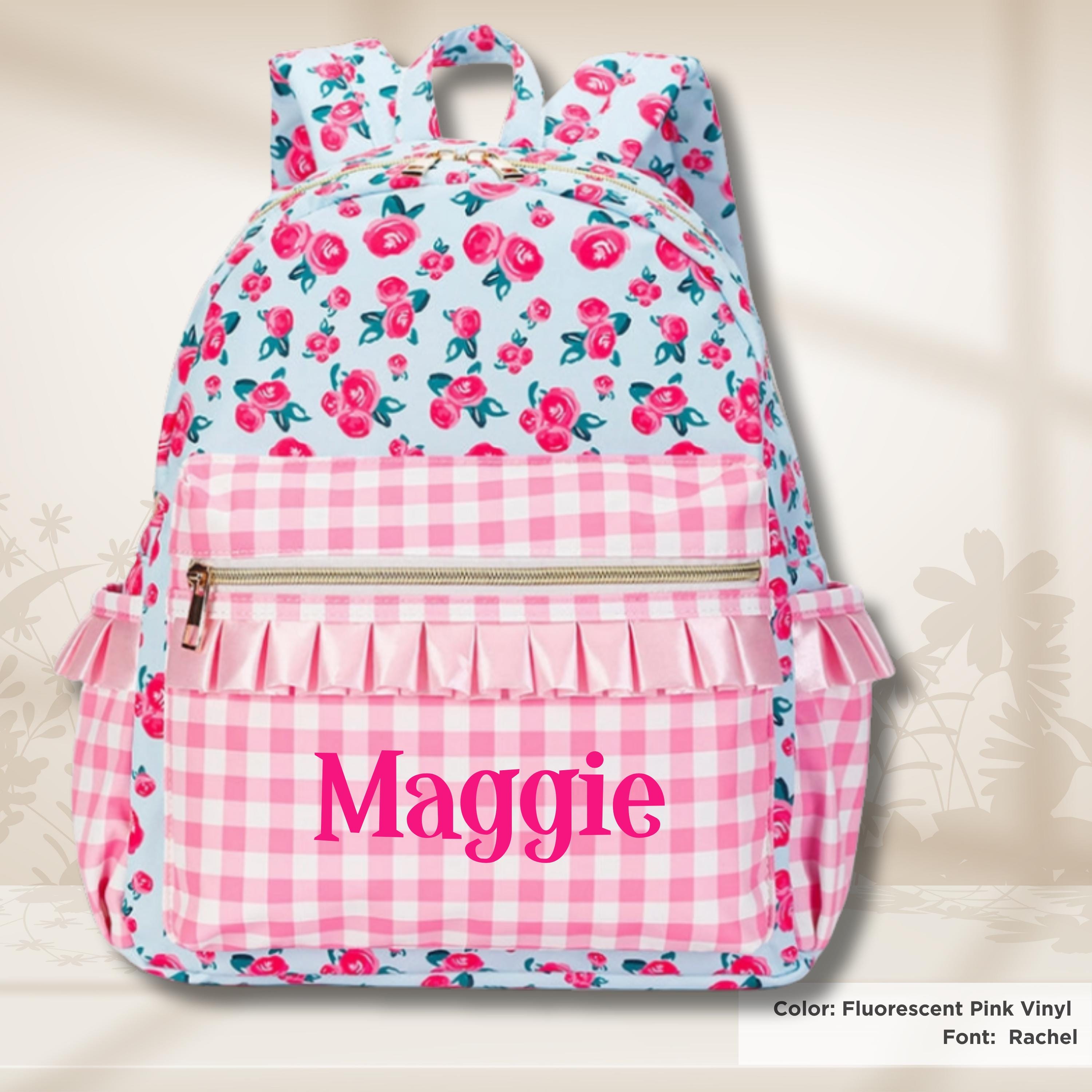 Personalized Pink Checkered Backpack Floral Ruffle Diaper Bag