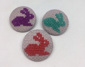 Handmade Cross Stitch Button Set of 3 Rabbits