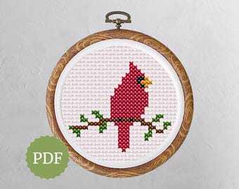 Little Cardinal in Dusty Rose Colour, Bird Sitting on Branch, Cross Stitch Chart, Easy for Beginners, Minimal Pattern for Nursery Room