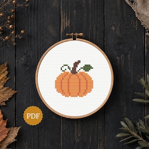 Può includere: Un motivo a punto croce raffigurante una zucca arancione con un gambo marrone e una foglia verde, centrato all'interno di un telaio da ricamo circolare in legno. Il disegno è ricamato su tessuto bianco ed è visibile un'icona circolare gialla con il testo PDF.