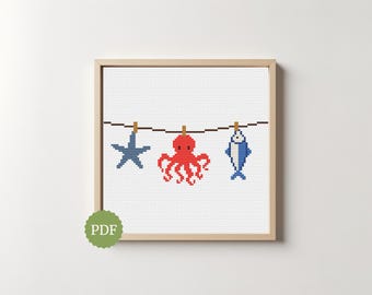 Coastal Laundry Line Cross Stitch Pattern, Sea Life Hoop Decor, Hanging Ocean Motifs Embroidery