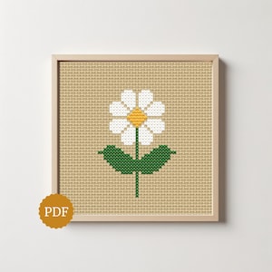 Fleur Margarita, motif de point de croix facile, diagramme PDF pour débutants, fleur blanche pour décoration murale, point de croix minimaliste pour une décoration rustique