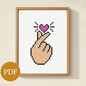 Korean Finger Heart Cross Stitch Pattern, Tiny Love Gesture, K-pop style Gift, Minimalist Heart Hand Sign, Easy for Beginners, Quick Stitch