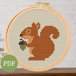 Squirrel and Acorn Cross Stitch Pattern, Diy Woodland Nursery Decor, Cottagecore Gift, Minimal Embroidery for Beginners, Easy Needlecraft