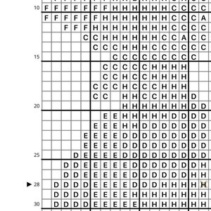 May include: A cross-stitch pattern grid with a grid of letters and numbers. The letters include F, H, C, D, and E. The numbers range from 10 to 30. The pattern is in black and white.