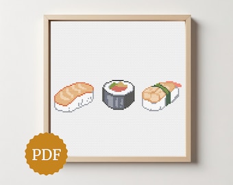 Sushi Cross Stitch Pattern Set, Japanese Food Embroidery Chart, Nigiri & Maki Sushi Hoop Art