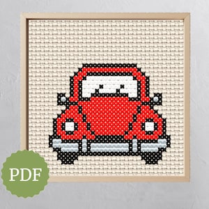 Maggiolino rosso nostalgico, schema facile per punto croce, per appassionati di auto d'epoca, arte moderna a punto croce, regalo fai da te, ricamo retrò, download immediato