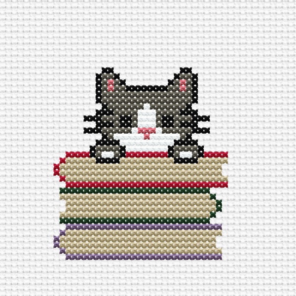 Library Cat with A Stack of Books, Modern Cross Stitch Pattern, Embroidery Kitten, Cat and Book Lover Gift, Bookworm Wall Decor, Shelf Decor