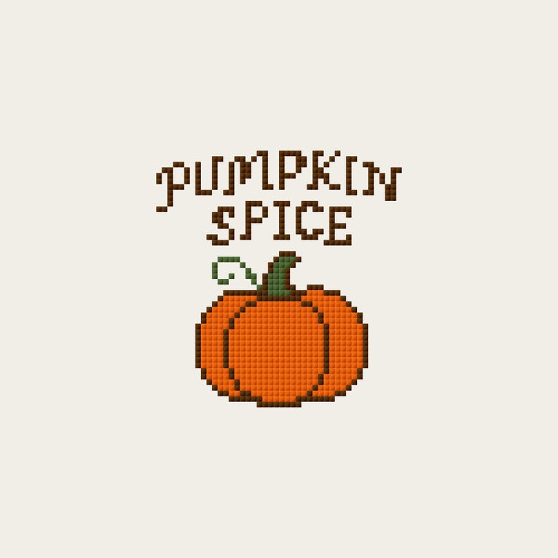 May include: Pixelated orange pumpkin with a green stem and the words "PUMPKIN SPICE" in brown text. The design is on a cream-colored background, evoking a fall or autumn theme.