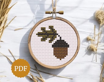 クロスステッチのどんぐり模様、初心者向け簡単、ミニ手刺繍模様、森の