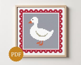 Farmhouse Goose Cross Stitch Pattern, Country Cottage Decor, Lace Border Vintage Frame Embroidery, Rustic Kitchen Gift, Easy for Beginners