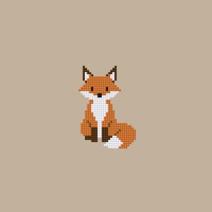 K&ouml;nnte beinhalten: Eine Pixel-Art-Illustration eines sitzenden Fuchses, der aus kleinen Quadraten besteht. Der Fuchs hat orangefarbenes Fell, eine wei&szlig;e Brust und Schwanzspitze sowie dunkelbraune Ohren und Pfoten. Er hat zwei kleine schwarze Augen und eine schwarze Nase.