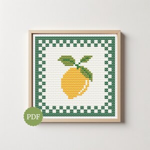 Rustic Lemon Cross Stitch Pattern, Country Kitchen Decor, Retro Citrus Embroidery PDF, Gingham Frame