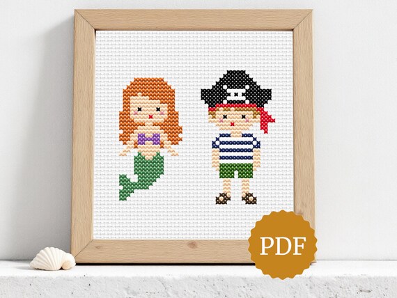 Mermaid & Pirate Cross Stitch Pattern, Cute Nautical Couple