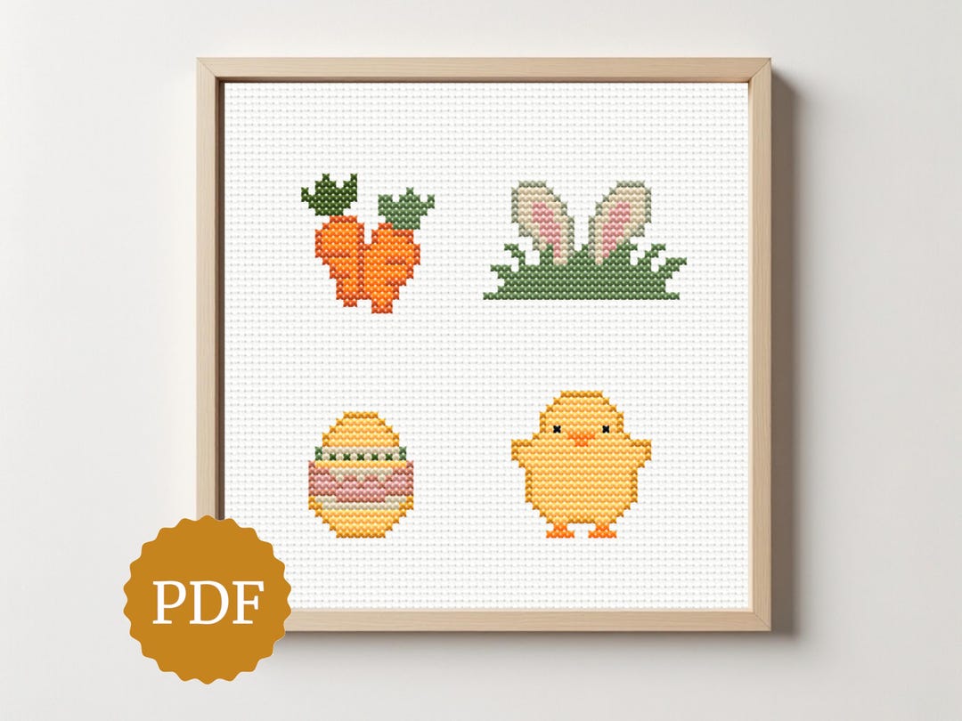 Easter Mini Cross Stitch Pattern Set – Bunny Ears, Chick, Egg & Carrots ...