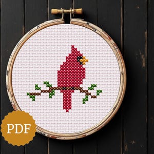 Little Cardinal in Dusty Rose Colour, Bird Sitting on Branch, Cross Stitch Chart, Easy for Beginners, Minimal Pattern for Nursery Room