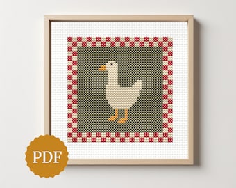 Cute Duck Cross Stitch Pattern, Vintage Country Home Gift, DIY Farmhouse Animal Hoop Decor, Grannycore Nursery Room, Retro Gingham Frame