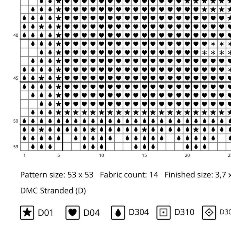 May include: A cross-stitch pattern chart with a grid of squares. The design features a repeating pattern of hearts, stars, and teardrop shapes in black. The chart includes a key with symbols and DMC thread colors. The pattern size is 53 x 53.