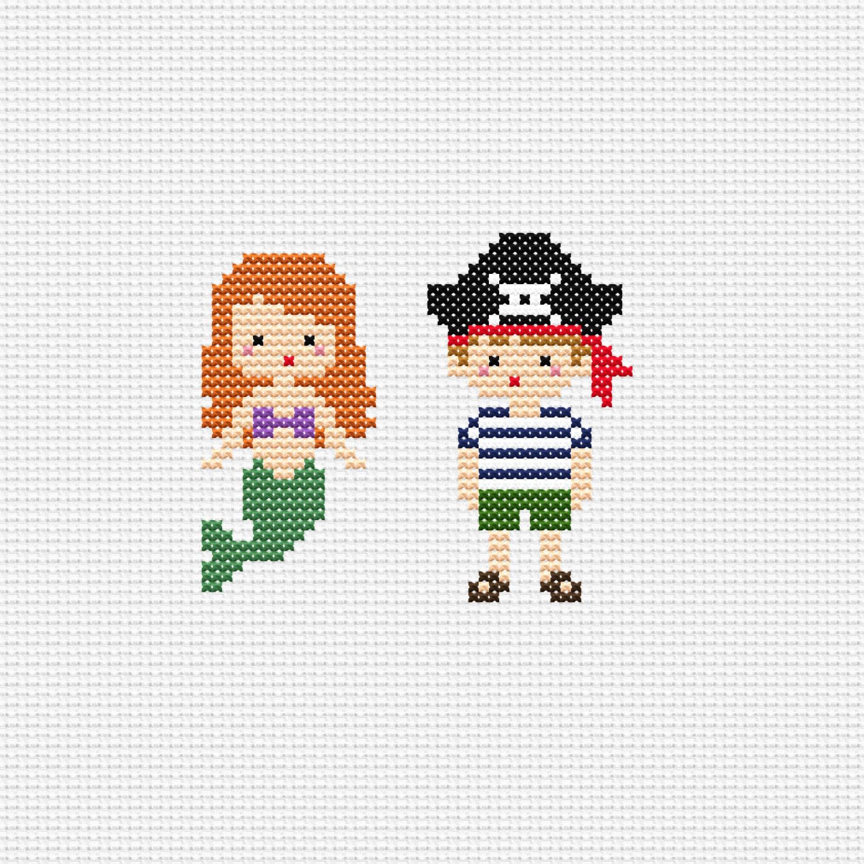Mermaid & Pirate Cross Stitch Pattern, Cute Nautical Couple