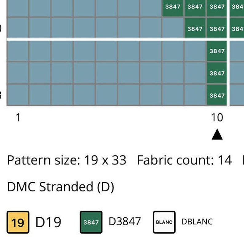 May include: A cross stitch pattern chart with a grid of 19 by 33 squares. The chart shows a design with a blue background and green accents. The DMC stranded floss colors used are 19, 3847, and Blanc. The text on the chart reads "Pattern size: 19 x 33 Fabric count: 14"