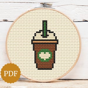 Iced Coffee, Tiny Frappe Embroidery, Digital Cross Stitch Pattern, Homemade Gift, Coffee Cup with Straw X Stitch, Gift for Coffee Addict