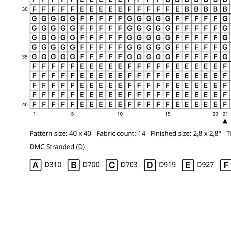 May include: A cross-stitch pattern chart with a grid of colored squares. The chart includes the text "Pattern size: 40 x 40 Fabric count: 14 Finished size: 2.8 x 2.8" and DMC color codes.