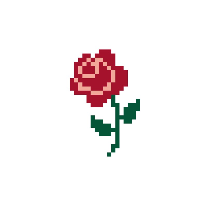 May include: A pixelated red rose with green leaves and stem.
