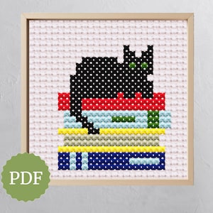 Bibliophile Black Cat Cross Stitch Pattern, Book Lover Gift (PDF Pattern)
