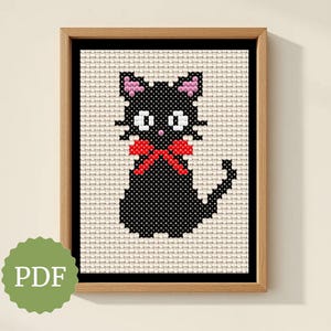 Lucky Black Cat Cross Stitch Pattern, Small Modern Counted Cross Stitch, Kitten with Red Bow, Beginner Friendly, Cat Lover Diy Gift, Feline