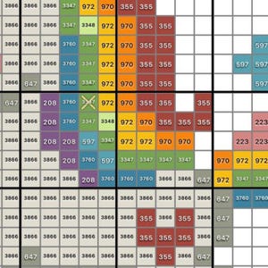 Puede incluir: Un patr&oacute;n de punto de cruz que presenta una cuadr&iacute;cula de cuadrados rellenos con varios n&uacute;meros que representan colores de hilo. El dise&ntilde;o incluye bloques de gris claro, verde, amarillo, naranja, rojo, azul y morado, con una marca X amarilla.