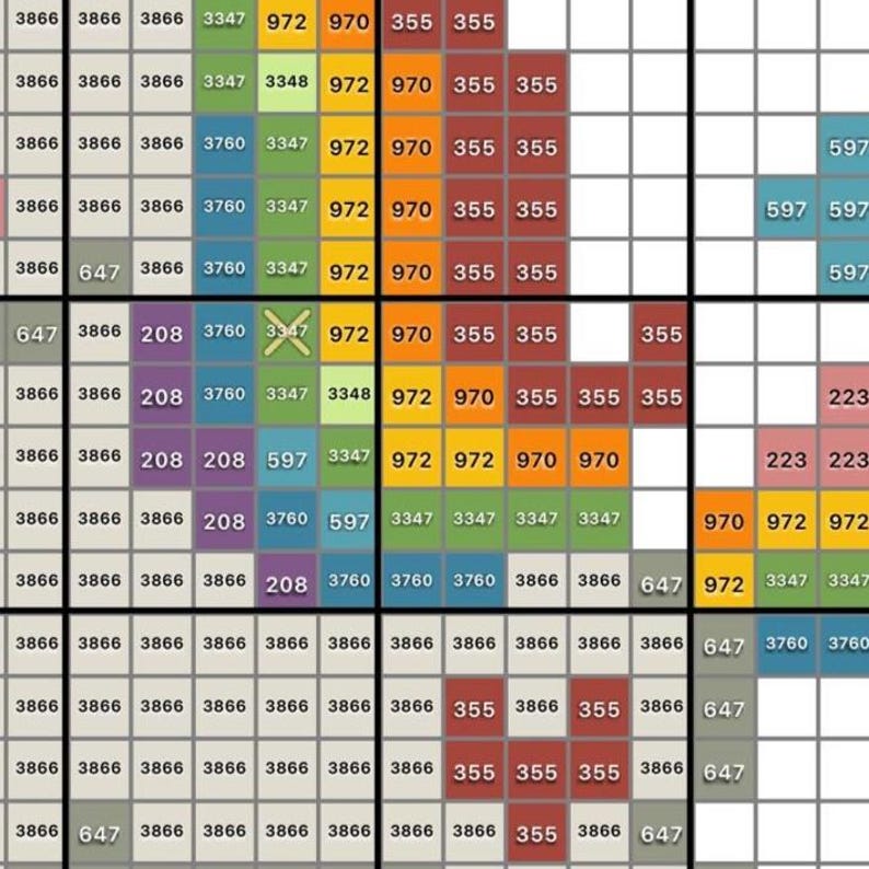 Puede incluir: Un patr&oacute;n de punto de cruz que presenta una cuadr&iacute;cula de cuadrados rellenos con varios n&uacute;meros que representan colores de hilo. El dise&ntilde;o incluye bloques de gris claro, verde, amarillo, naranja, rojo, azul y morado, con una marca X amarilla.