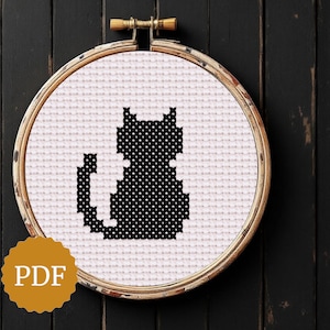 黒猫の簡単クロスステッチチャート、猫のシルエットパターンPDF、即時ダウンロード、カウントXステッチ、ミニマルウォールアート、猫好きへのギフト