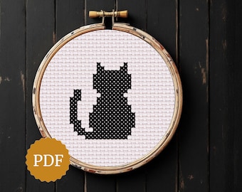 Black Cat Easy Cross Stitch Chart, Cat Silhouette Pattern PDF, Instant Download, Counted X Stitch, Minimal Wall Art, Gift for Cat Lover
