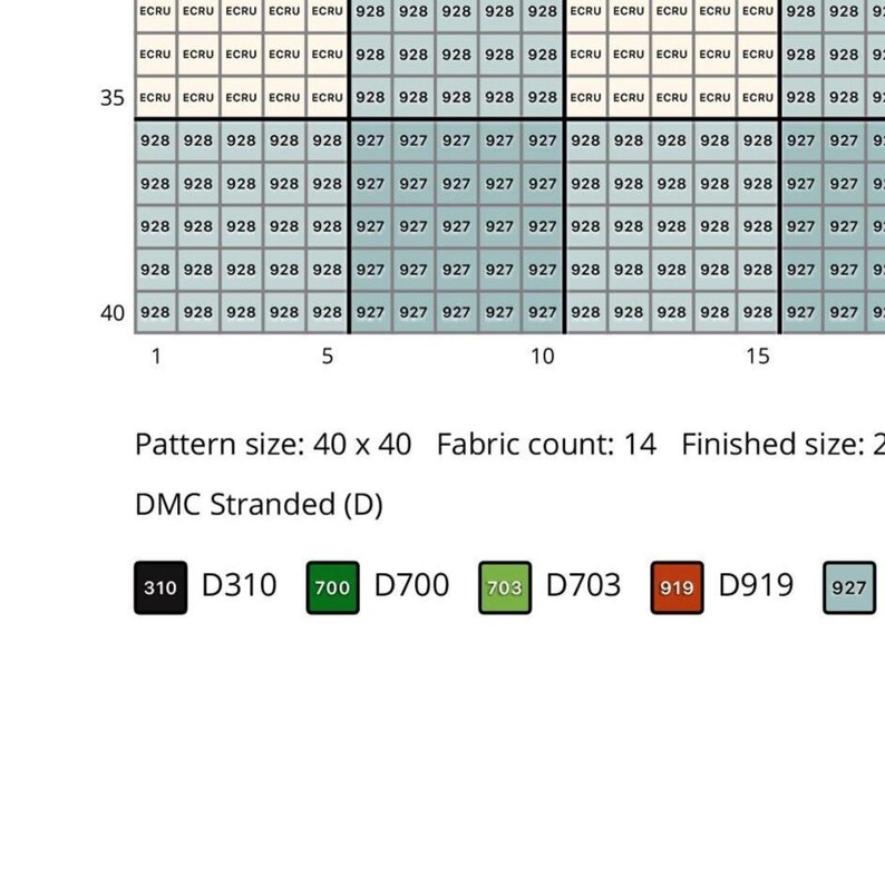 May include: A cross-stitch pattern chart with a grid of numbered squares and color codes. The chart includes the text "Pattern size: 40 x 40" and "DMC Stranded (D)". The color codes include 310, D310, 700, D700, 703, D703, 919, D919, and 927.