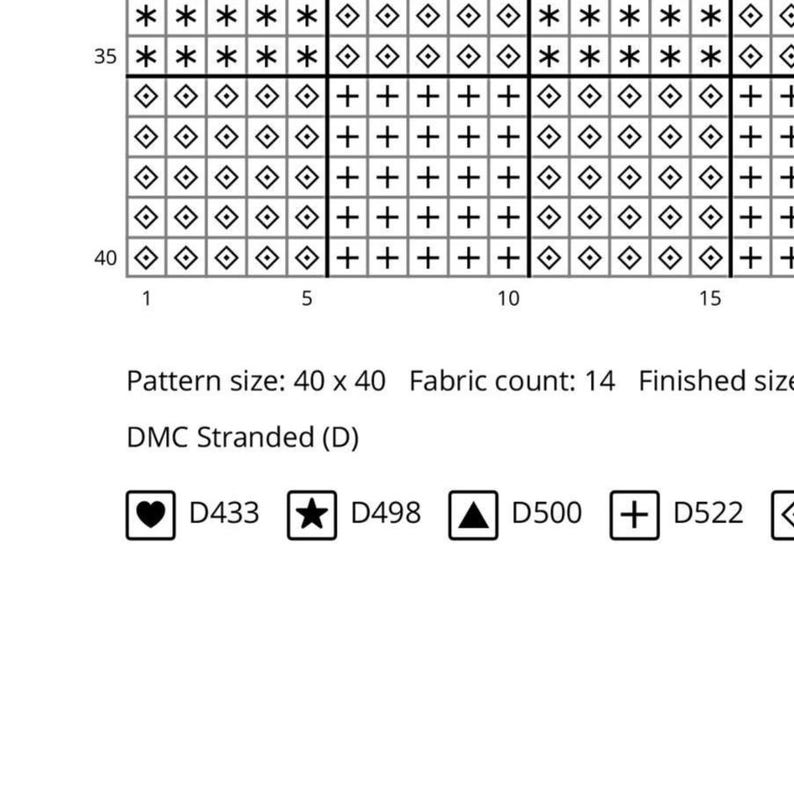 May include: A cross-stitch pattern chart featuring a grid with numbered axes from 1 to 15 and 35 to 40. The legend displays symbols including a heart for D433, a star for D498, a triangle for D500, and a plus sign for D522, with a 40x40 pattern size.