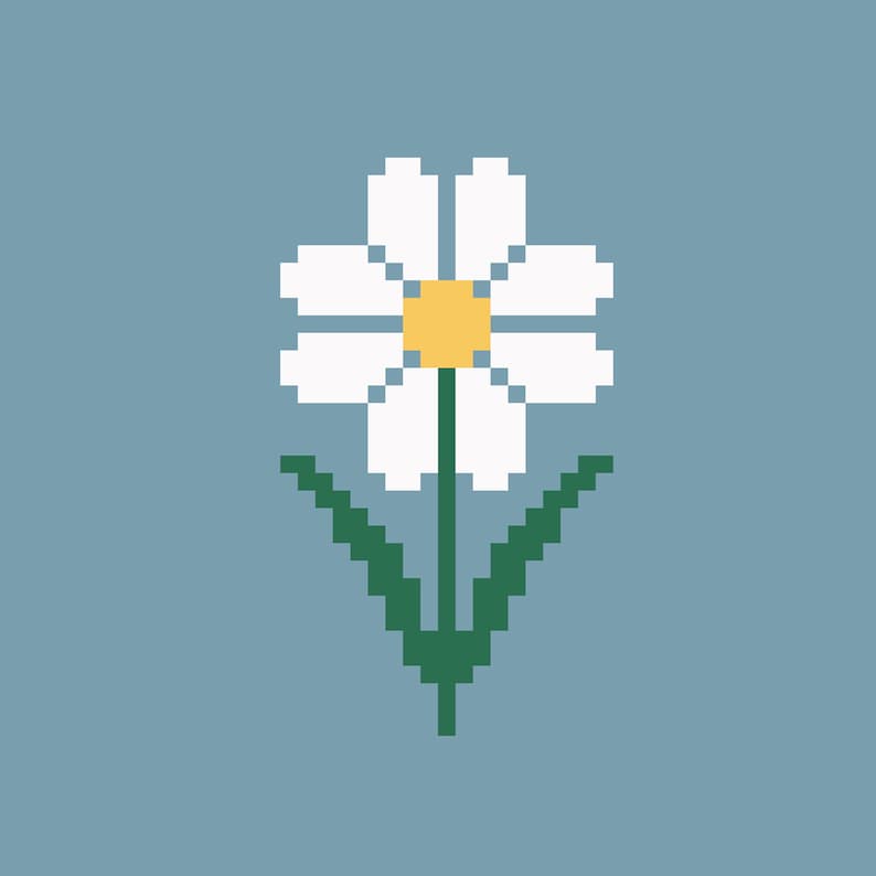 May include: A pixelated white daisy with a yellow center and green leaves on a light blue background.