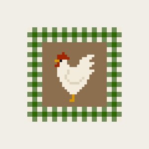 May include: Pixelated image of a white chicken with a red comb and yellow legs, set against a brown background. The chicken is framed by a green and white checkered border, reminiscent of a country kitchen aesthetic.