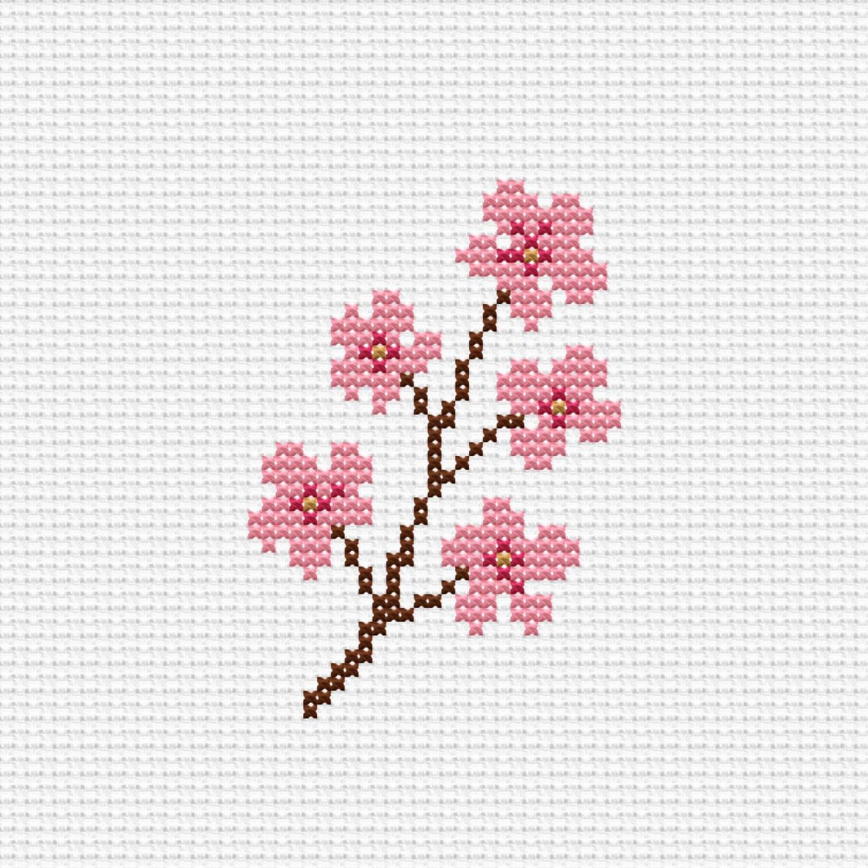 桜のクロスステッチ図案、ミニマルな日本の桜の枝のPDF、小花の刺繍