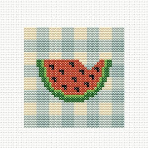 May include: Cross-stitch design featuring a watermelon slice with black seeds, set against a blue and cream checkered background. The watermelon has a red interior and green rind. The design is square and suitable for various craft projects.