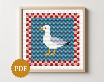 Seagull Cross Stitch Pattern, Cottagecore Coastal Bird in Gingham Frame, Nautical Embroidery PDF, Simple Seaside Hoop Art, Beach House Decor