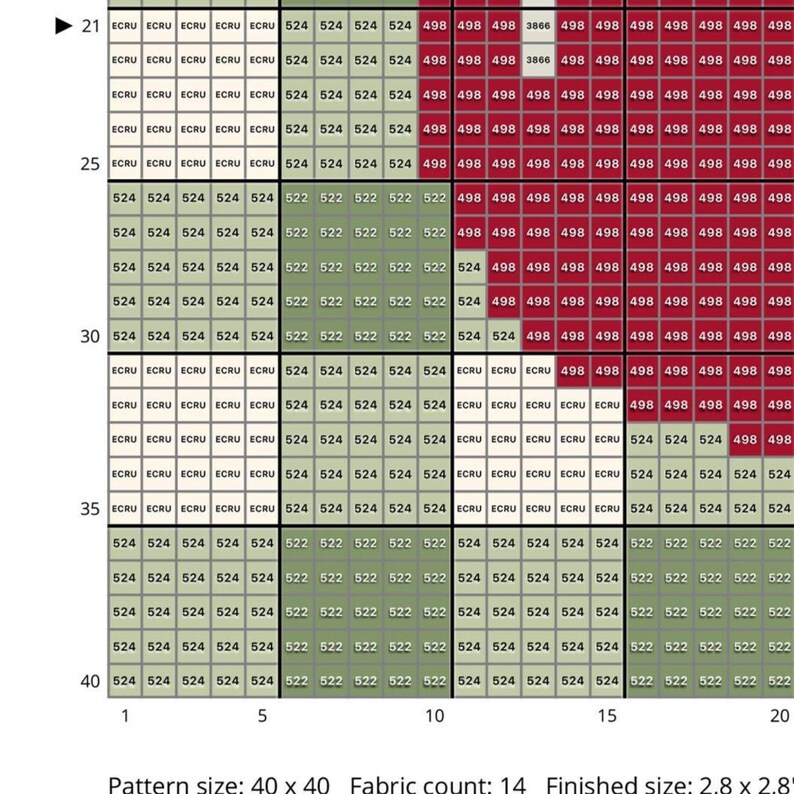 May include: A cross-stitch pattern grid featuring numbered squares in shades of cream, light green, dark green, and deep red. The grid includes row and column markers, with text at the bottom stating Pattern size: 40 x 40, Fabric count: 14, Finished size: 2.8 x 2.8 inches.