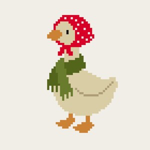 May include: A pixelated illustration of a goose wearing a red bonnet with white polka dots and a green scarf. The goose has a tan body, orange feet, and a yellow beak. The background is a solid off-white color.