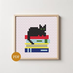 Bibliophile Black Cat Cross Stitch Pattern, Book Lover Gift (PDF Pattern)
