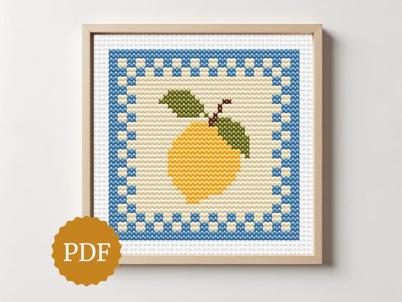 Lemon Cross Stitch Pattern, Fruit Embroidery with Gingham Border, Summer Kitchen Decor, Easy for Beginners