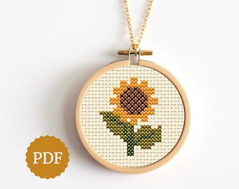 Zonnebloem, modern kruissteekpatroon, gemakkelijk voor beginners, rustieke kleuren, minimaal borduurwerk, bloemmotief voor wanddecoratie, x-steekbloem