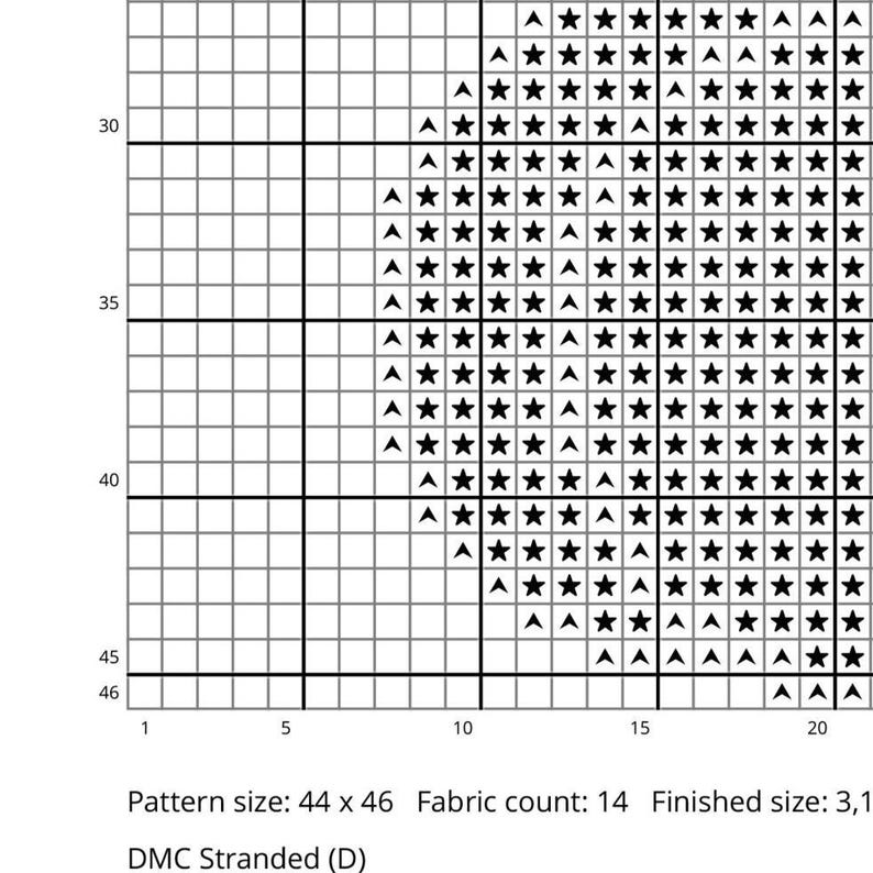 May include: A cross-stitch pattern chart with a grid of squares, featuring symbols like stars and triangles. The pattern size is 44 x 46, with a fabric count of 14. The DMC Stranded (D) is also indicated.