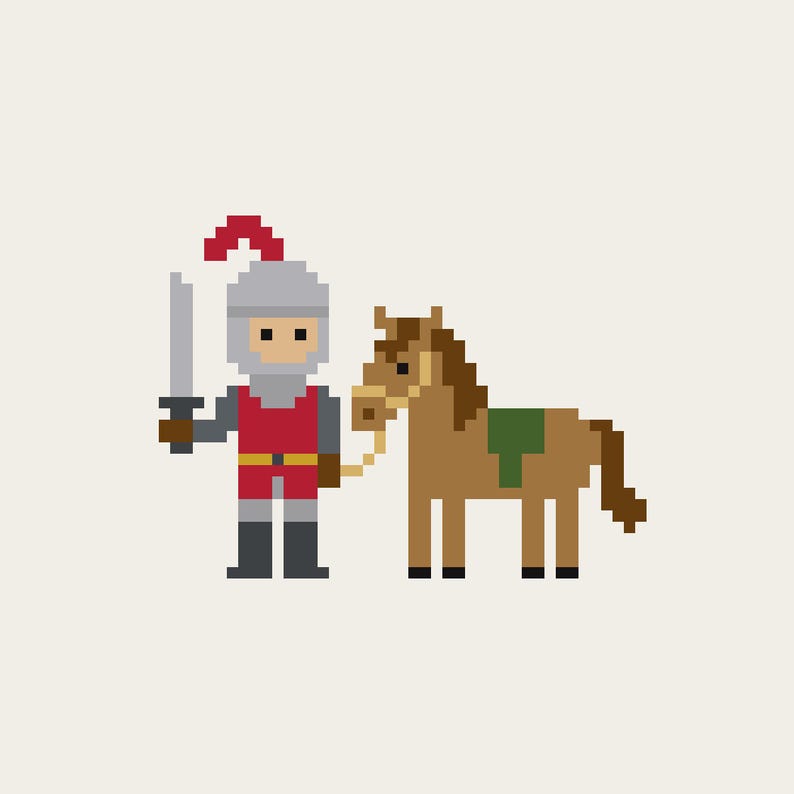 May include: Pixelated illustration of a knight in red and gray armor, holding a silver sword, standing next to a brown horse with a green saddle. The knight wears a helmet with a red plume.