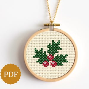 Cespuglio di agrifoglio, schema per punto croce, ricamo semplice, facile per principianti, design minimale per ricamo a punto croce, piccole decorazioni fai da te per Natale