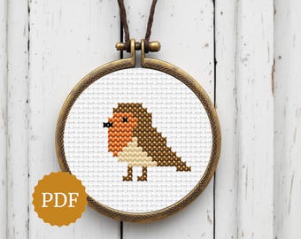 Tiny Robin Cross Stitch Pattern PDF, Wearable Embroidery Pendant Design, Small Hoop Necklace Motif, Easy for Beginners, Mini Bird Jewelry