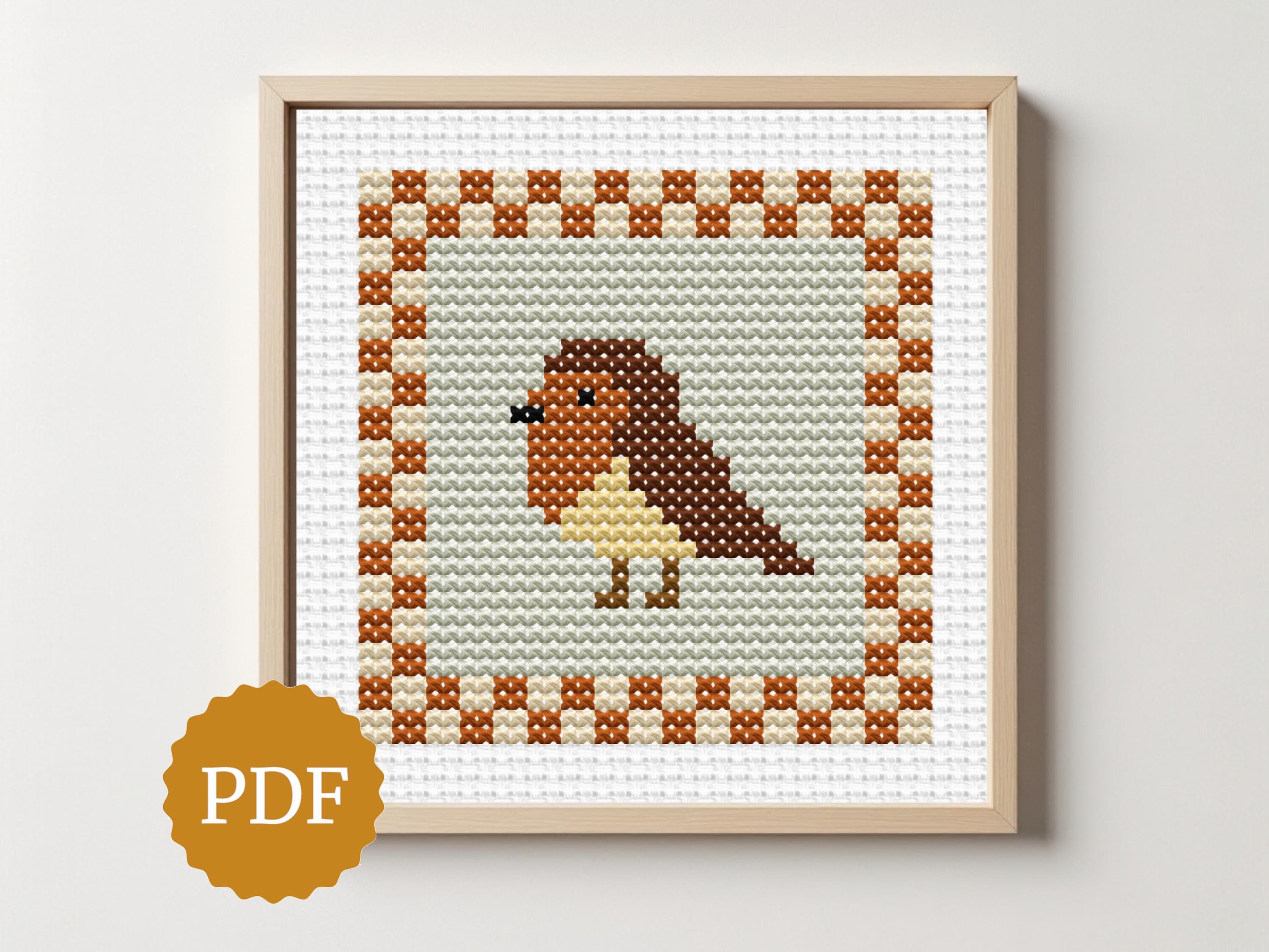 Motif de point de croix rouge-gorge rustique, PDF de broderie oiseau d'hiver, broderie bordure bois, petite perche, décoration de chalet minimaliste
